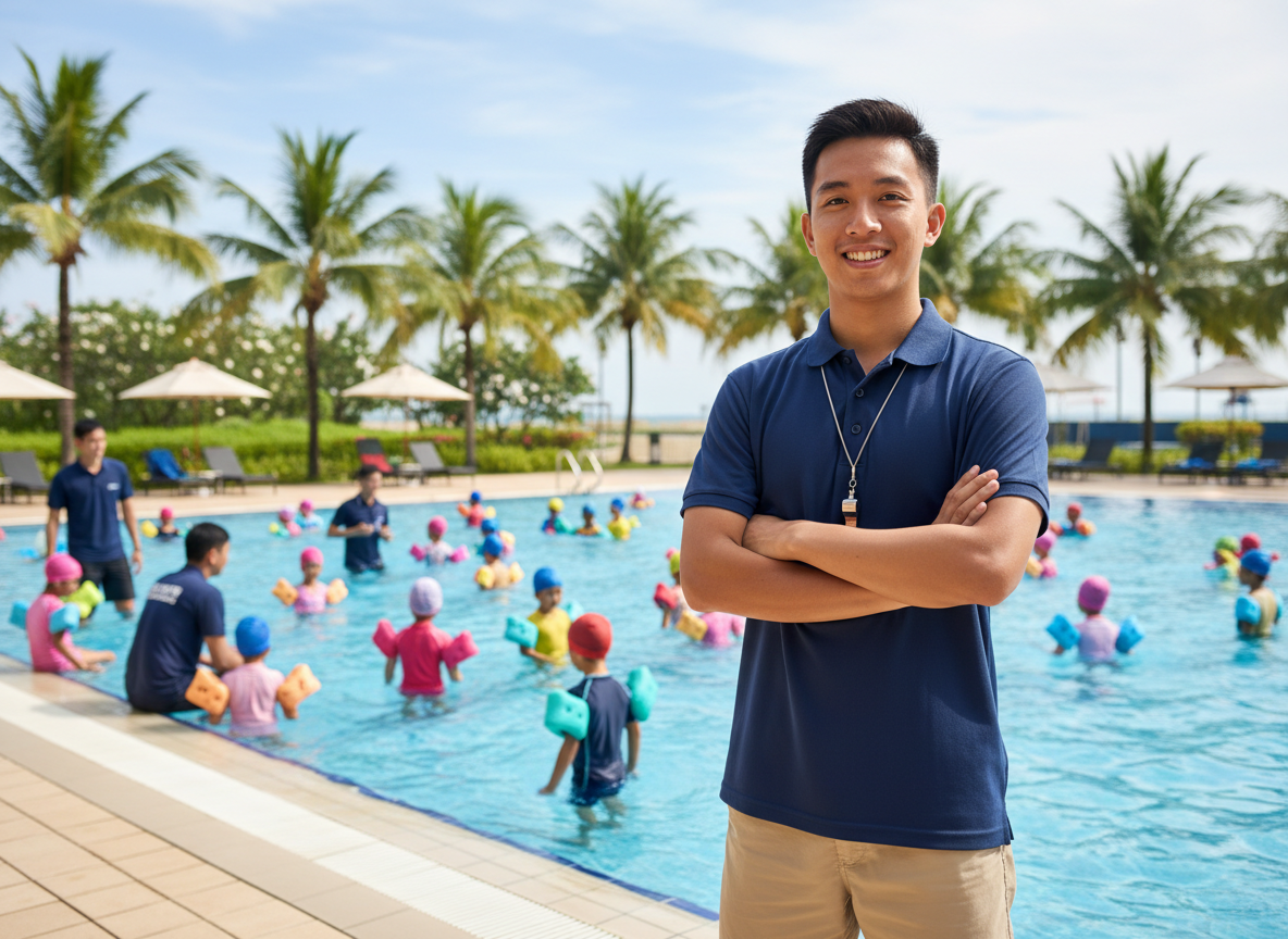 Public holidays 2027 swimming instructor – swim teacher on the pool deck during a busy holiday teaching session in Singapore